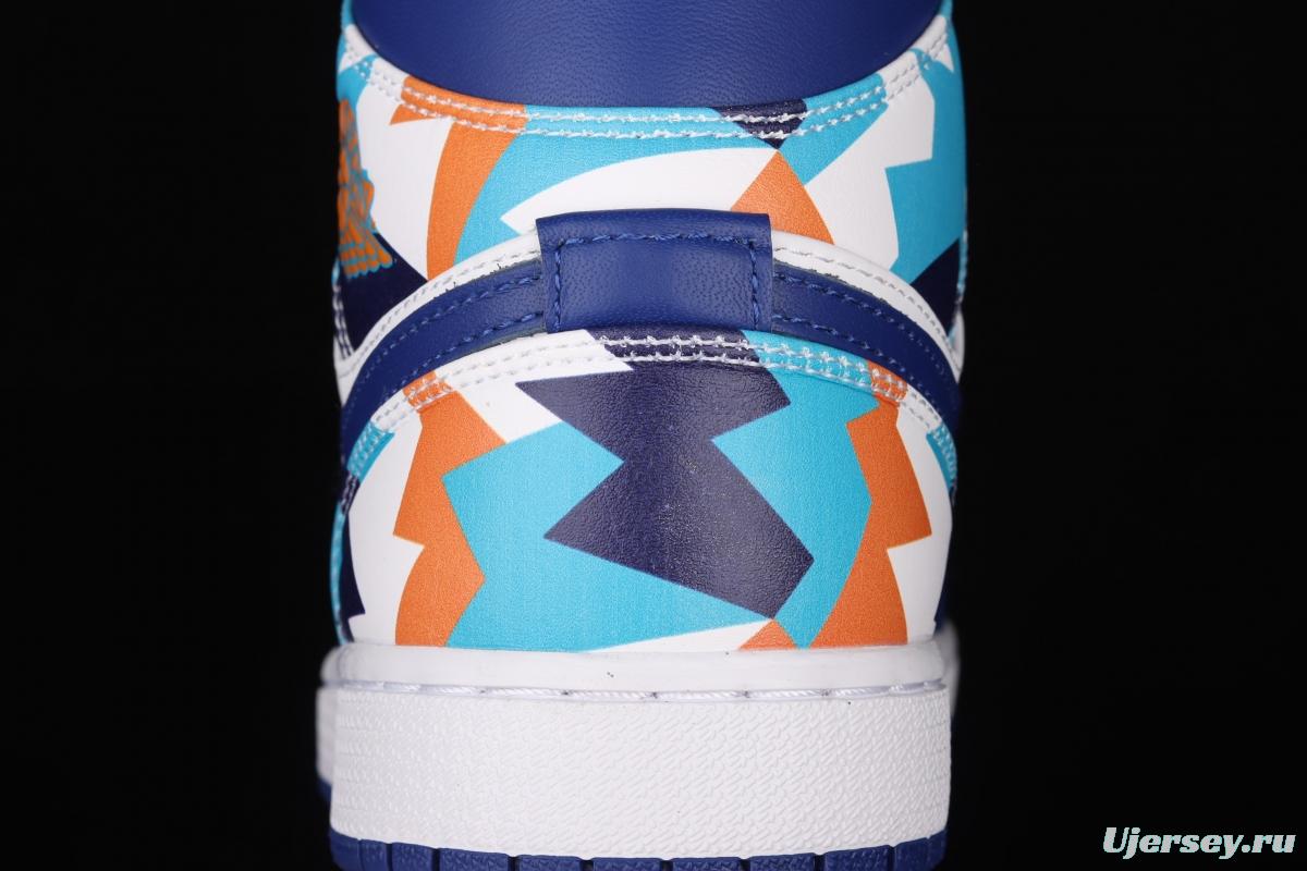 Air Jordan 1 Mid geometrical white and blue Zhongbang basketball shoes 555112-105