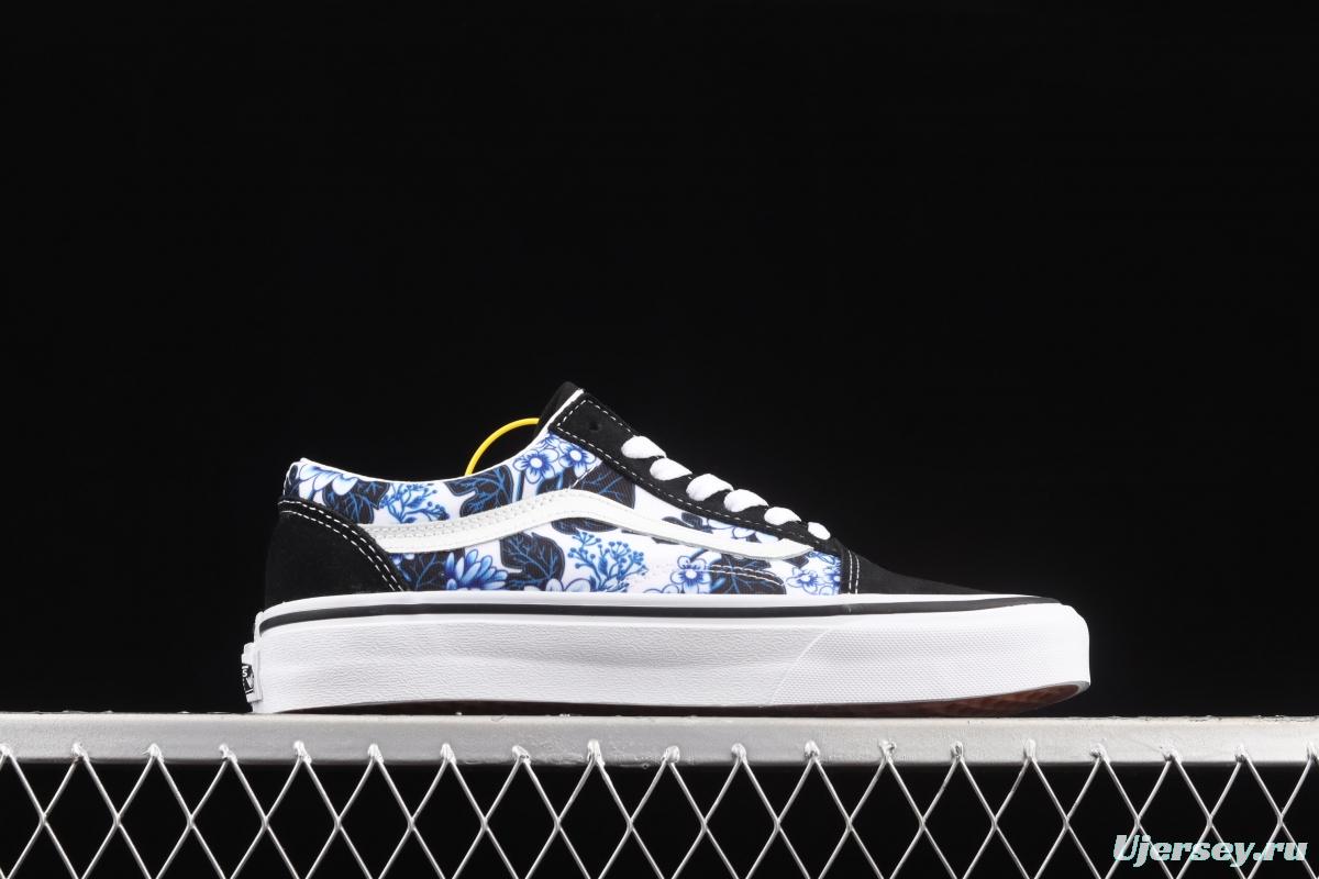 Vans Style blue flower printed side striped low upper board shoes VN0A7Q2JY6Z