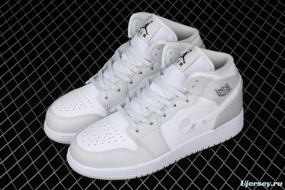Air Jordan 1 Mid GS White Grey camouflage Bang Basketball shoes DD3235-100