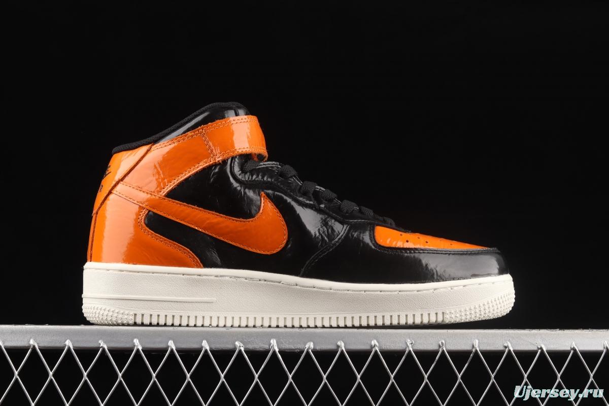 NIKE Air Force 1o07 Mid lacquered leather black orange color counterhook Zhongbang casual board shoes 804609-188