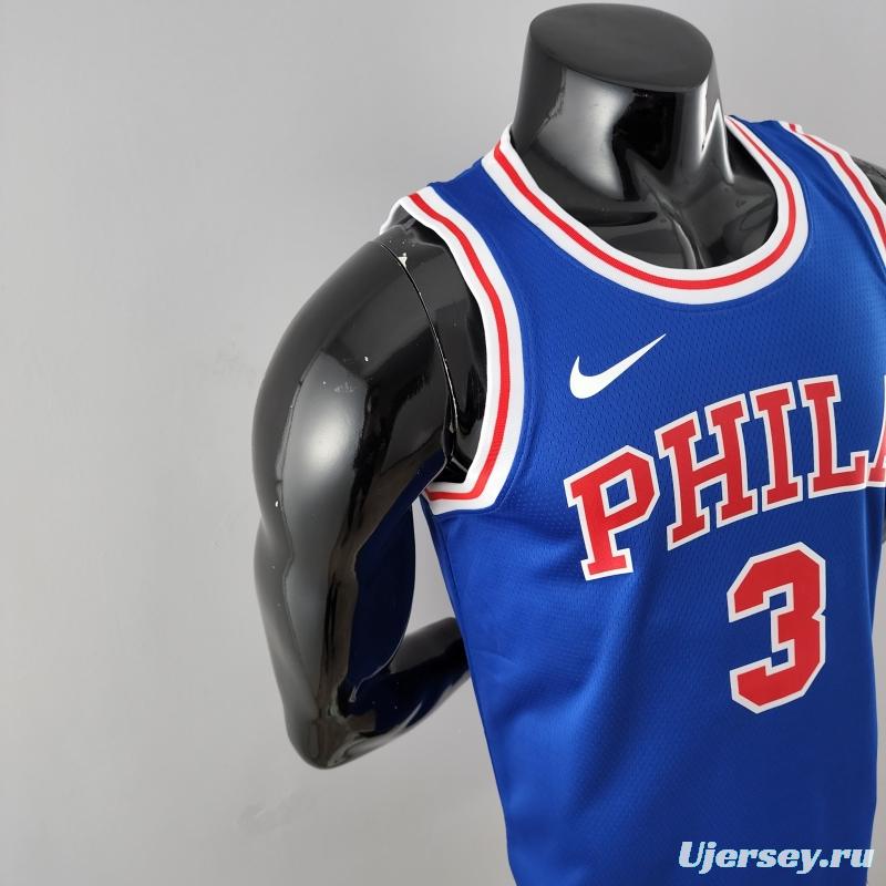 Retro Philadelphia 76ers Iverson #3 Crew Neck Blue NBA Jersey 