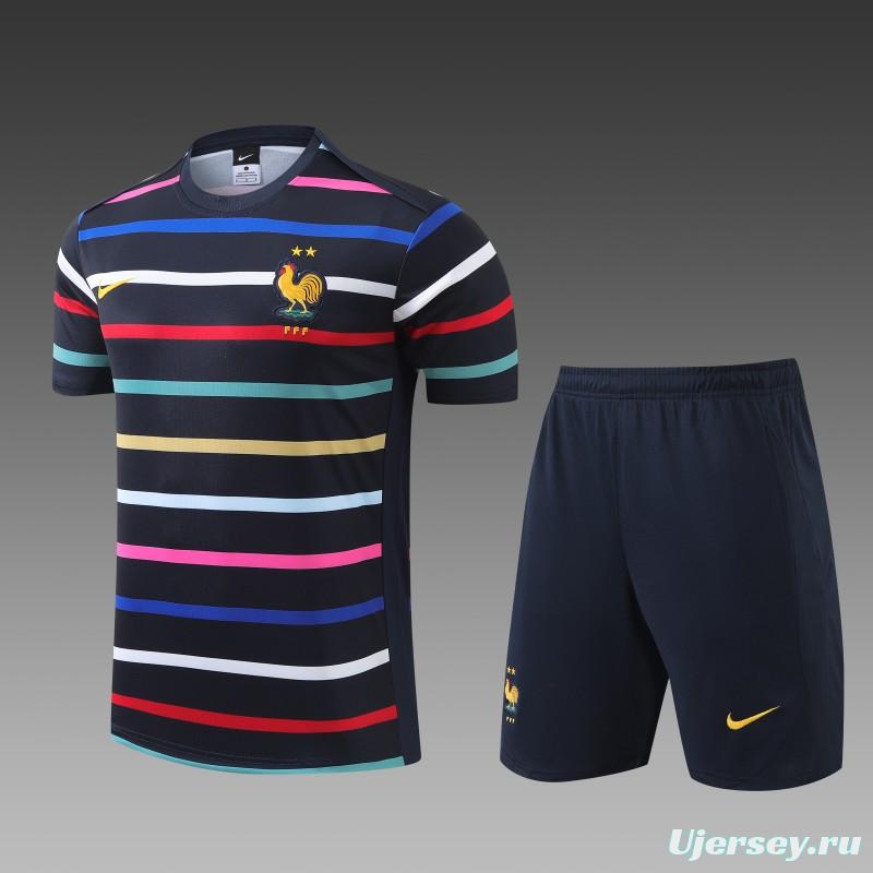 2024 France Navy Stripe Short Sleeve Jersey+Shorts