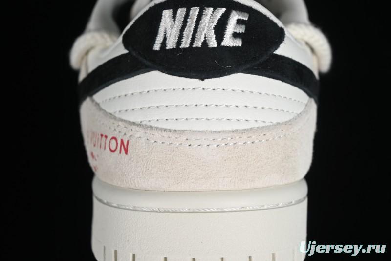 Nike SB Dunk Low LV Collaboration Anniversary Customized Sneakers in Off-White Black Swoosh Triple Floral - SJ2068-235