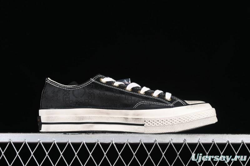 Clot x Fragment Design x Converse Custom Triple Collaboration Low-Top Sneakers with Distressed Black Silk and Brier Pattern - A10925C