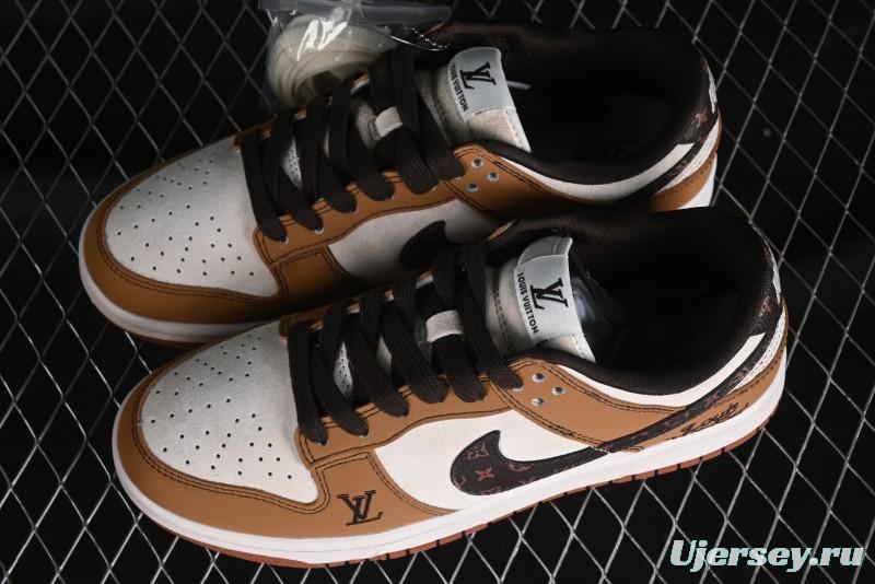 Nike SB Dunk Low LV Collaboration - Brown Black Monogram Anniversary High-End Custom Low-Top Casual Skate Shoes - DQ1098-342