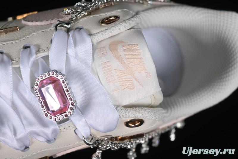 Nike Air Force 1 '07 Low Casual Sneakers in Romantic Pink-Purple with Diamond Chain Accessories - FV1122-333