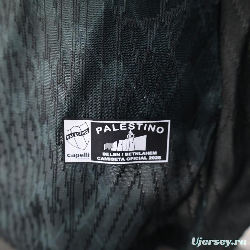 Player Version 25/26 CD Palestino Away Black Jersey with Red-Green Stripes and Bank of Palestine Sponsor