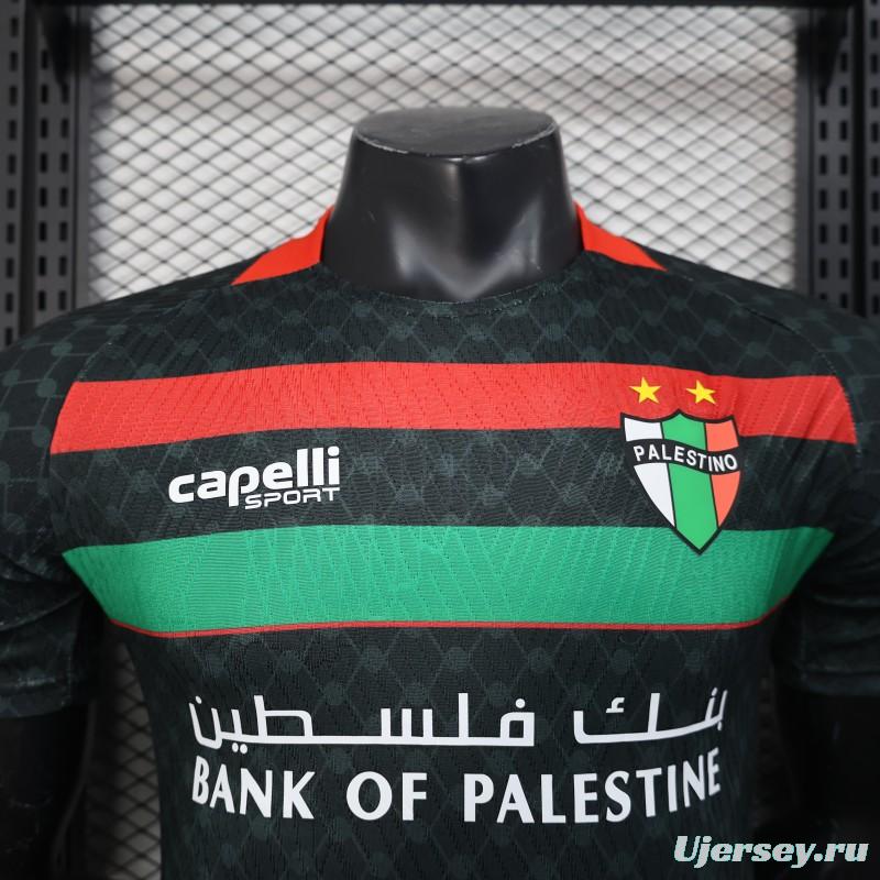 Player Version 25/26 CD Palestino Away Black Jersey with Red-Green Stripes and Bank of Palestine Sponsor