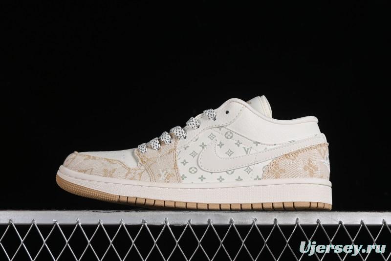 Nike Air Jordan 1 Low LV Collaboration Denim Khaki Customized Casual Sneakers - SJ9950-002