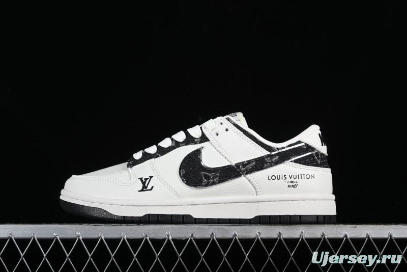 Nike SB Dunk Low LV Collaboration - Beige Black Denim Floral Anniversary High-End Custom Low-Top Casual Skate Shoes - XB3802-358