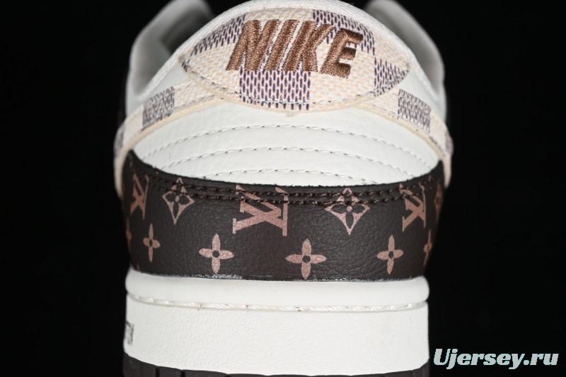 Nike SB Dunk Low LV Collaboration - Checkerboard Brown White Swoosh Anniversary High-End Custom Low-Top Casual Sneakers - SJ2068-253
