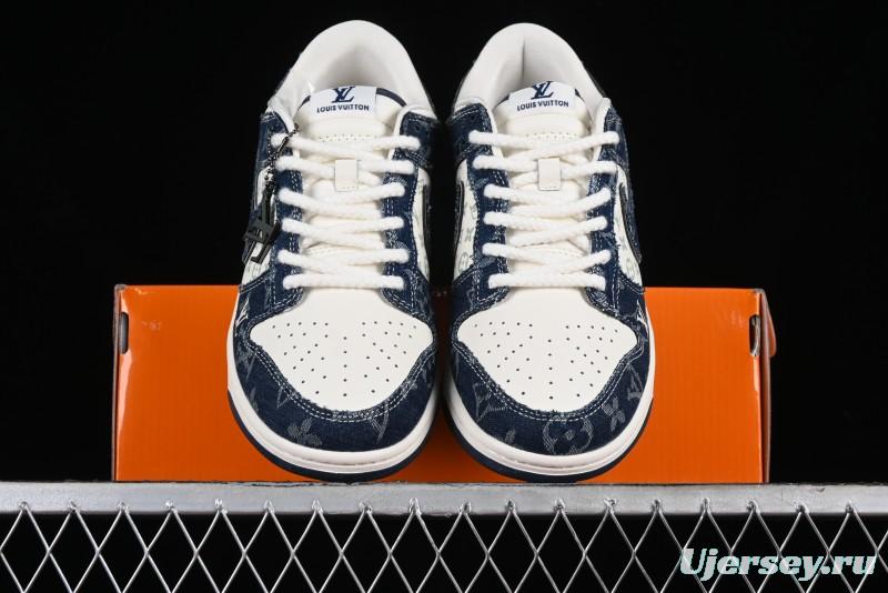 Nike SB Dunk Low LV Collaboration - Blue Denim Print Anniversary High-End Custom Low-Top Casual Skate Shoes - SJ2068-257