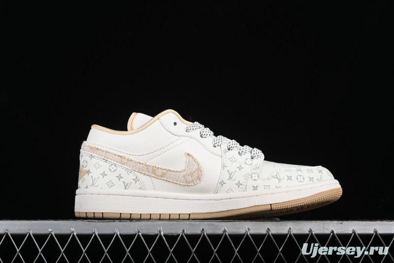 Nike Air Jordan 1 Low AJ1 Louis Vuitton Print Khaki Custom High-End Low-Top Basketball Shoes - SJ9950-004