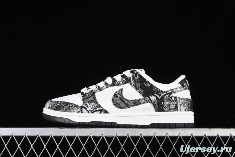 Nike SB Dunk Low LV Collaboration - Black Denim Anniversary High-End Custom Low-Top Casual Skate Shoes - XB3802-351
