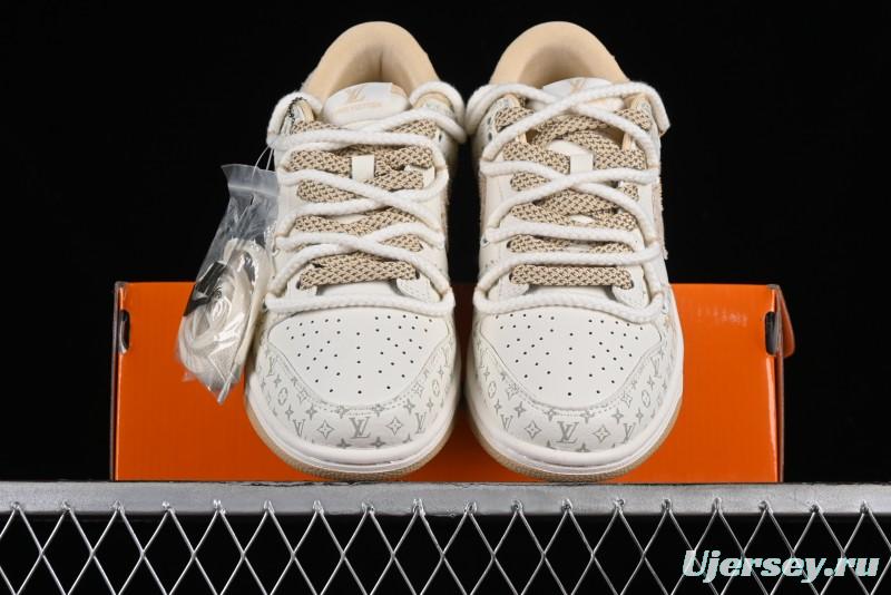Nike SB Dunk Low LV Collaboration Strap Beige Swoosh Anniversary High-End Custom Low-Top Casual Sneakers - SJ2068-250