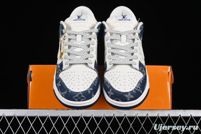 Nike SB Dunk Low LV Collaboration - Blue Denim Print Anniversary High-End Custom Low-Top Casual Sneakers - FC1688-162