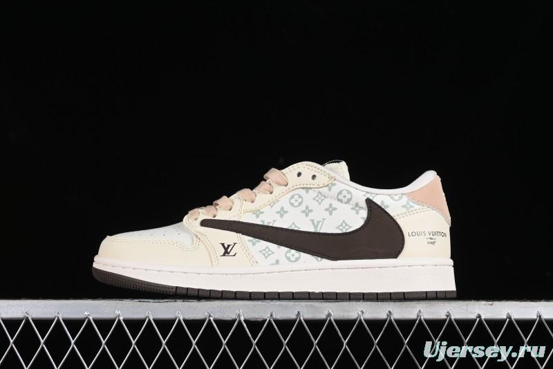 Nike Travis Scott x Fragment Design x Jordan Air Jordan 1 Low OG SP AJ1 LV Beige Brown Print Casual Sneakers - LJ5188-006