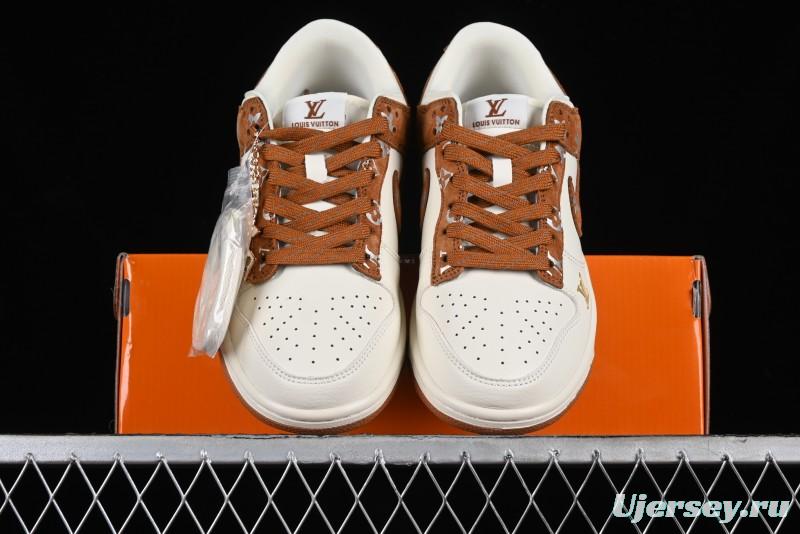 Nike SB Dunk Low LV Collaboration - Beige Brown Swoosh Anniversary High-End Custom Low-Top Casual Skate Shoes - XD6188-030
