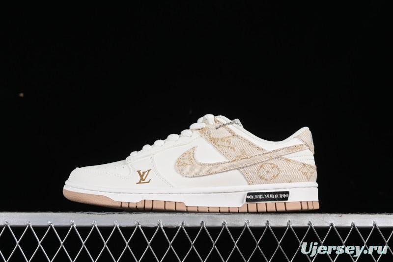 Nike SB Dunk Low LV Collaboration - Yellow Denim Beige with Yellow Swoosh Anniversary High-End Custom Low-Top Casual Skate Shoes - DJ2024-007