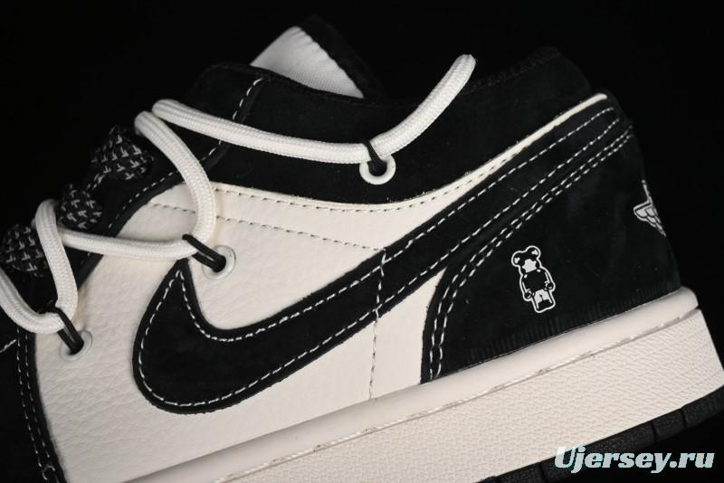 Nike Air Jordan 1 Low AJ1 x Violent Bear Collaboration - Black Beige Mark Line Custom Retro Basketball Shoes - SJ9950-013