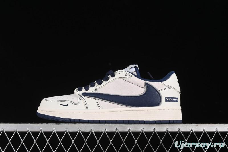Nike Travis Scott x Fragment Design x Air Jordan 1 Low OG SP AJ1 Supreme Collaboration - Dark Blue Swoosh Low-Top Casual Sneakers - XZ2268-001
