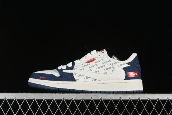 Nike Travis Scott x Fragment Design x Air Jordan 1 Low OG SP AJ1 Levi's Collaboration - White Blue Canvas Low Top Casual Sneakers - JH6088-605