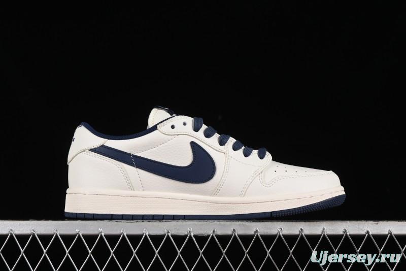 Nike Travis Scott x Fragment Design x Air Jordan 1 Low OG SP AJ1 Supreme Collaboration - White Navy Blue Low Top Casual Sneakers - XZ116