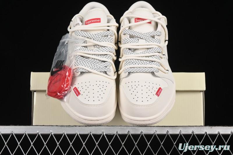 Nike Air Jordan 1 Low Supreme Collaboration - Retro Basketball Shoes in Off-White Red with Small Logo - SJ9950-017