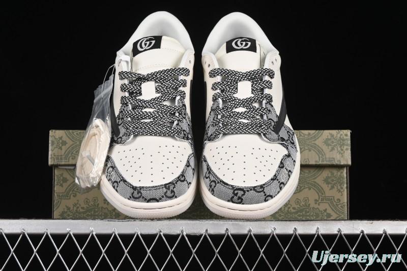 Nike Travis Scott x Fragment Design x Air Jordan 1 Low OG SP AJ1 Gucci Collaboration - Black Grey Pattern Low Top Casual Sneakers - XY2688-117