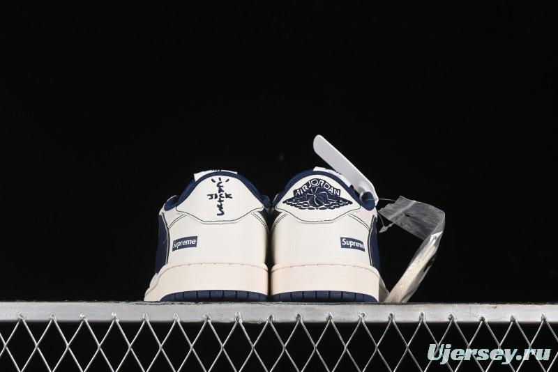 Nike Travis Scott x Fragment Design x Air Jordan 1 Low OG SP AJ1 Supreme Collaboration - Dark Blue Swoosh Low-Top Casual Sneakers - XZ2268-001
