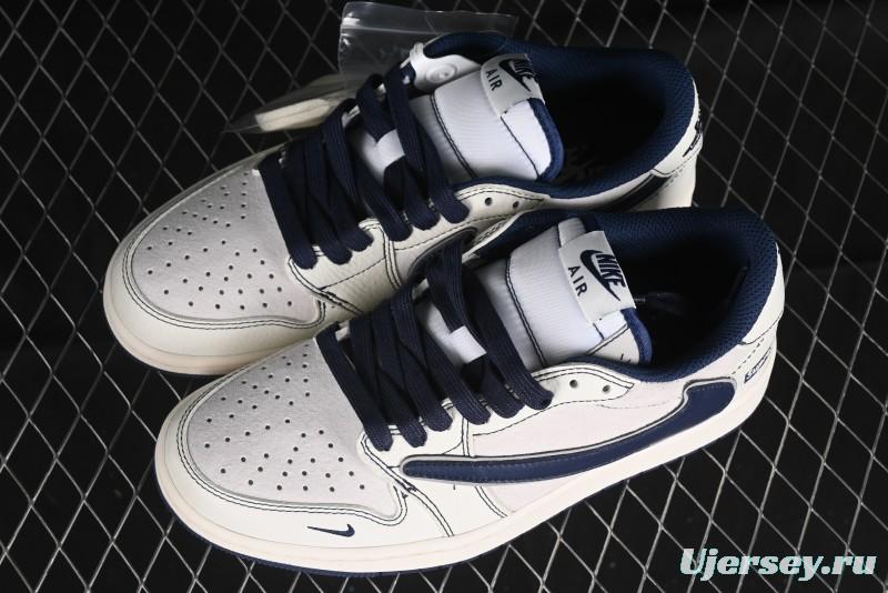 Nike Travis Scott x Fragment Design x Air Jordan 1 Low OG SP AJ1 Supreme Collaboration - Dark Blue Swoosh Low-Top Casual Sneakers - XZ2268-001