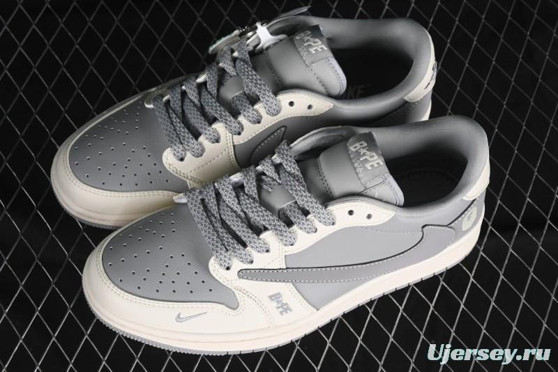 Nike Travis Scott x Fragment Design x Air Jordan 1 Low OG SP AJ1 Bape Collaboration - Moon Shadow Grey Low Top Casual Sneakers BB6511-625