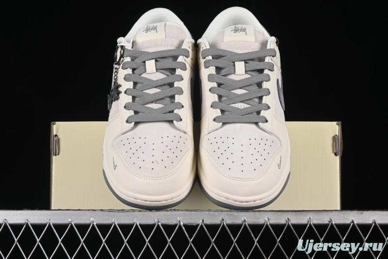 Nike SB Dunk Low Stussy Collaboration - Grey Pigskin Red Tail Anniversary High-End Custom Low-Top Casual Skate Shoes - XY2025-015