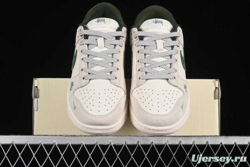 Nike SB Dunk Low Supreme x Stussy Triple Collaboration - Off White Green Swoosh Anniversary Custom Low-Top Casual Sneakers - SJ2068-303