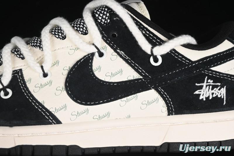 Nike SB Dunk Low Stussy Collaboration - White Embroidery Black Swoosh Anniversary Custom Low-Top Casual Sneakers - SJ2068-311