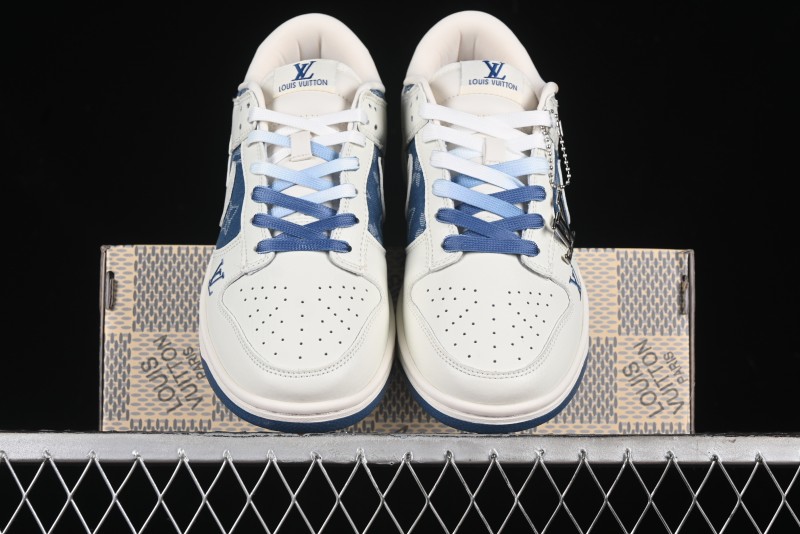Nike SB Dunk Low LV Collaboration - Beige Blue Print Anniversary High-End Custom Low-Top Casual Skate Shoes - JH8310-954