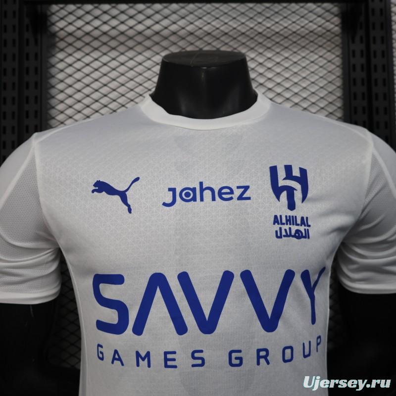 Player Version 25/26 Al-Hilal Away White with Blue Details and SAVVY Games Group Sponsor Jersey