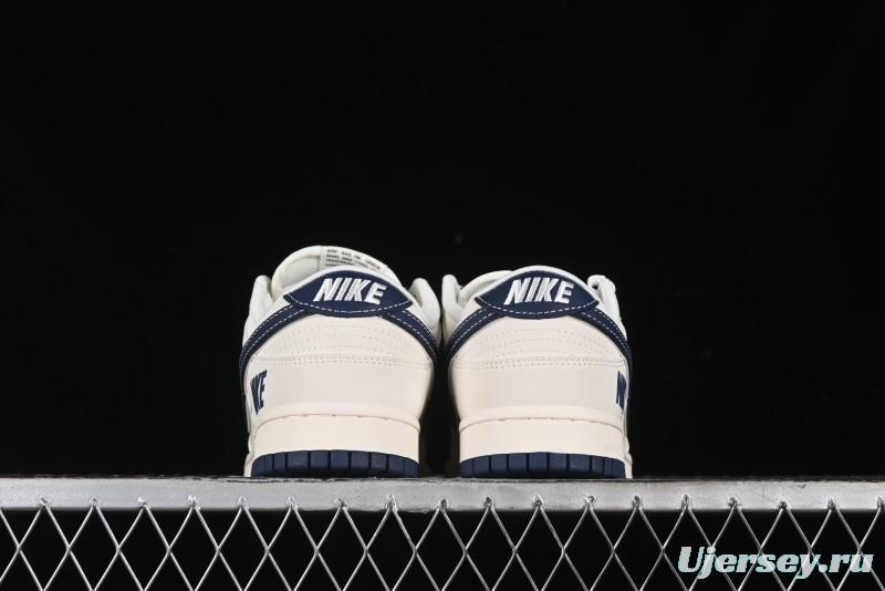 Nike SB Dunk Low Anniversary Premium Custom Low-Top Casual Skate Shoes in Off-White with Navy Blue Swoosh - SJ1089-004