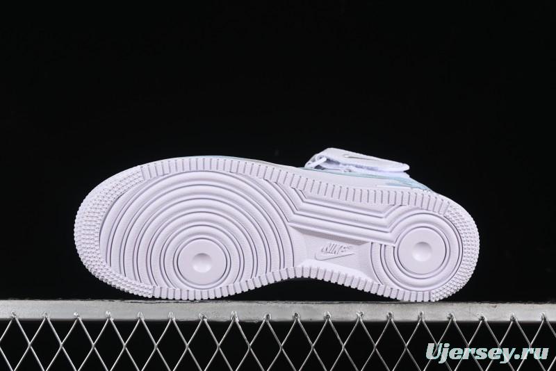 Nike Air Force 1 '07 Mid Light Blue Hand-Painted Cracked Three Stripes Shadow Mid-Top Casual Sneakers - CW2289-111