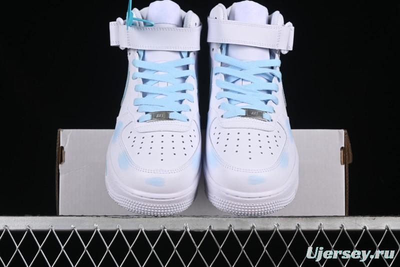 Nike Air Force 1 '07 Mid Light Blue Hand-Painted Cracked Three Stripes Shadow Mid-Top Casual Sneakers - CW2289-111