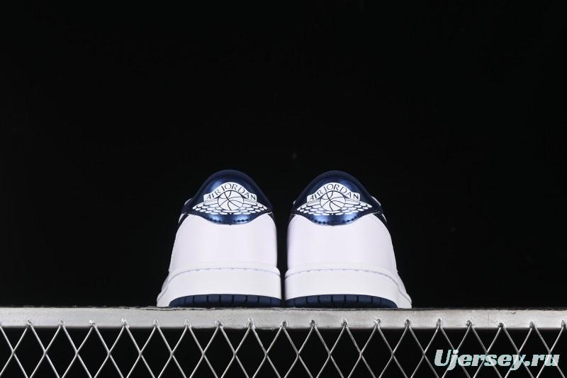 Nike Air Jordan 1 Low 85 Retro Sneakers in White with Metallic Blue Swoosh - FB9933-141