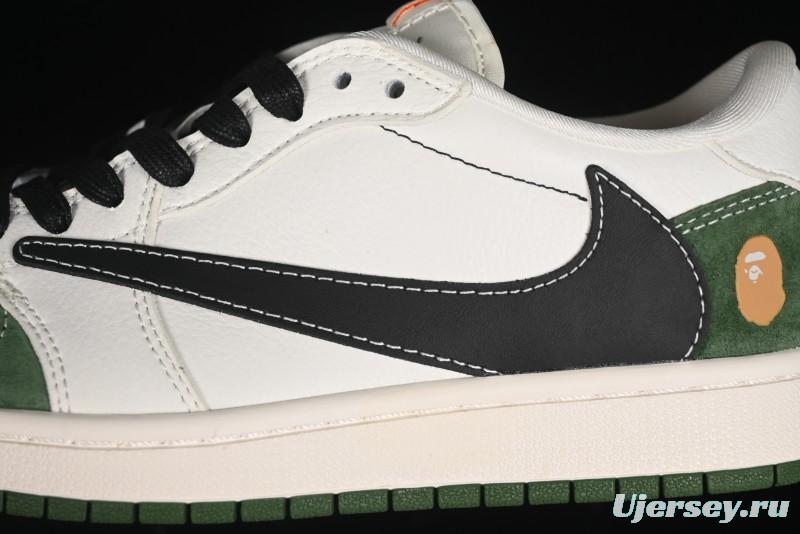 Nike Travis Scott x Fragment Design x Air Jordan 1 Low OG SP AJ1 Bape Collaboration - Jungle Green Low Top Casual Sneakers - XY2688-107