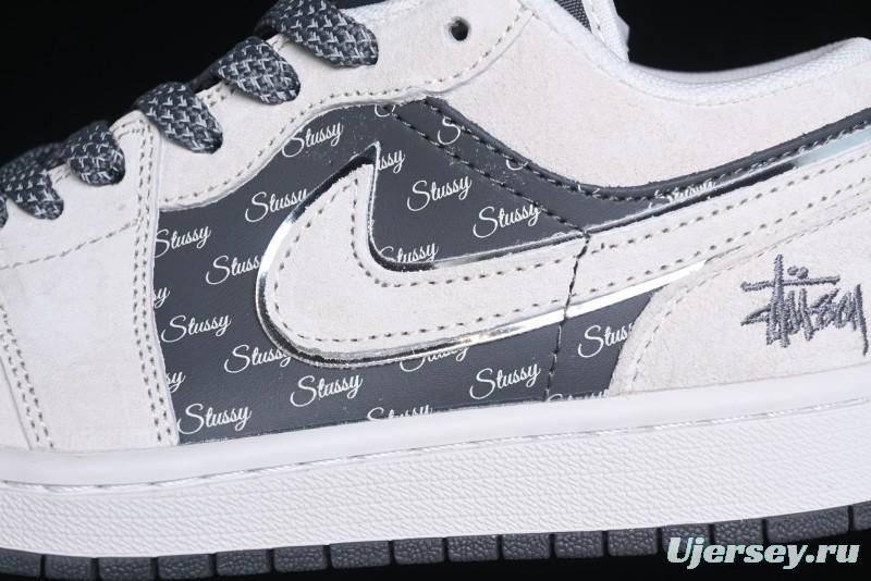 Nike Air Jordan 1 Low Stussy Collaboration - Grey Pigskin Black Base Retro Basketball Shoes - XX3318-968
