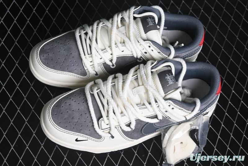 Nike SB Dunk Low Stussy Collaboration - Lace-Up Grey White Grey Check Anniversary High-End Custom Low-Top Casual Skate Shoes - YX5066-207