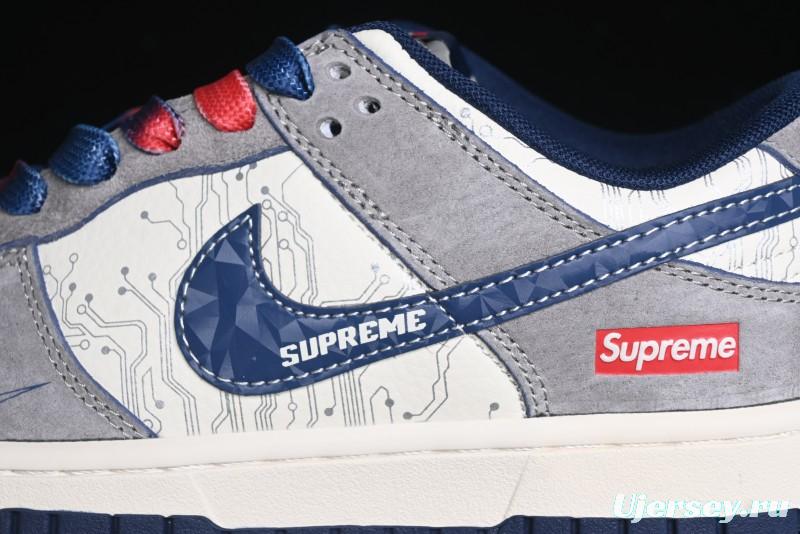 Nike SB Dunk Low Supreme Collaboration - Grey White Dark Blue Swoosh Anniversary High-End Custom Low-Top Casual Skate Shoes - DM6868-005