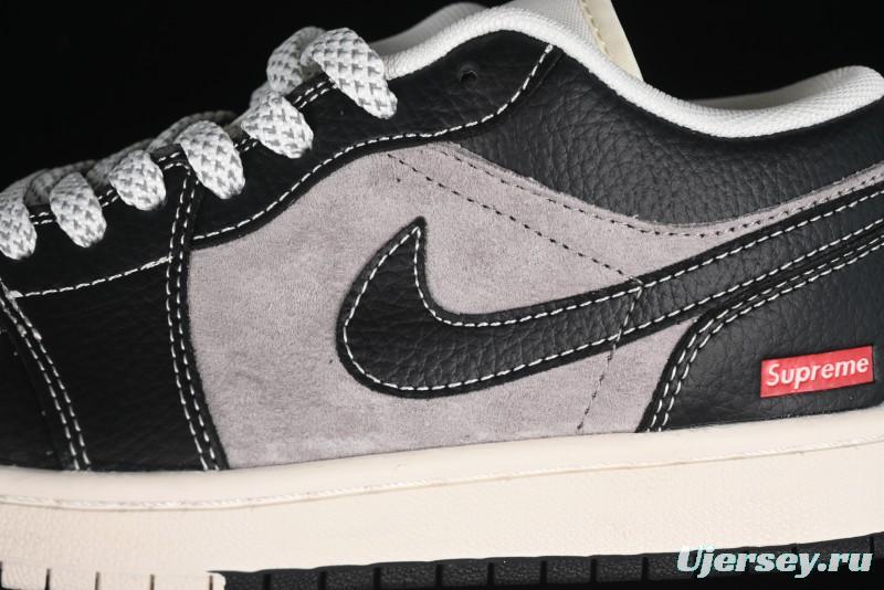 Nike Air Jordan 1 Low Supreme Collaboration - Black Grey Pigskin Two-Tone High-End Custom Retro Basketball Shoes - SJ9950-032