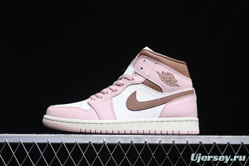 Nike Air Jordan 1 Mid AJ1 Basketball Shoes in Khaki Pink - BQ6472-620