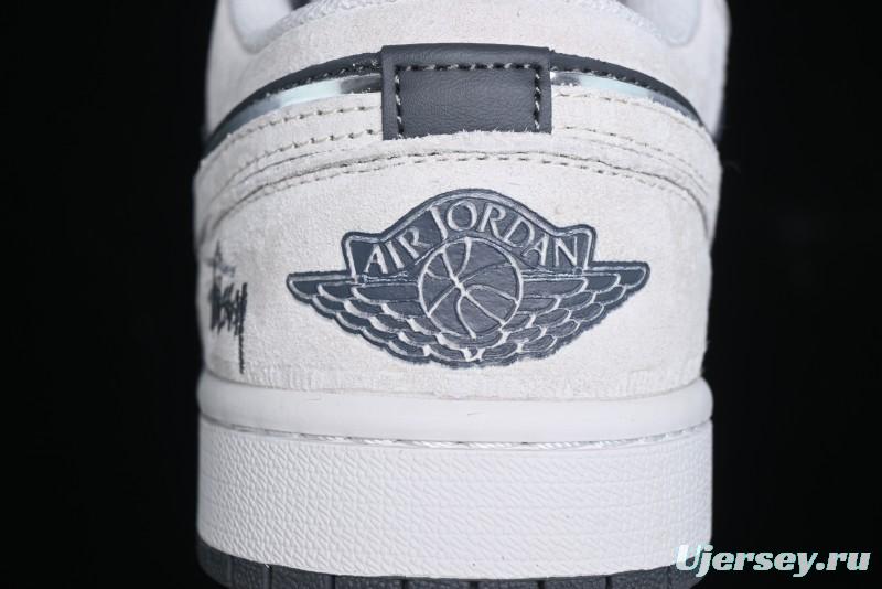 Nike Air Jordan 1 Low Stussy Collaboration - Grey Pigskin Black Base Retro Basketball Shoes - XX3318-968