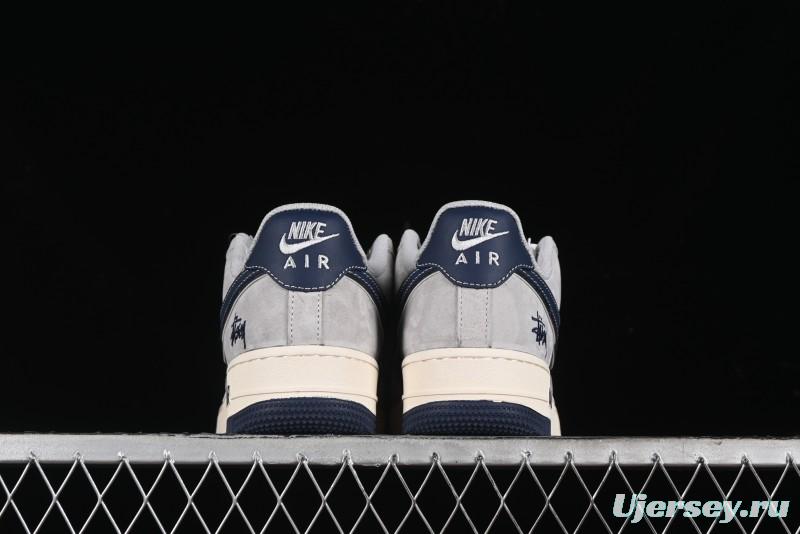 Nike Air Force 1 '07 Low Stussy Collaboration - Grey Pigskin Blue Sole Low-Top Casual Sneakers - SJ6698-005