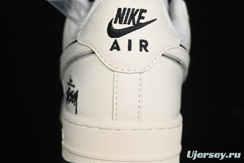 Nike Air Force 1 '07 Low Stussy Collaboration - Black Sail Silver Swoosh Casual Sneakers - XZ6188-729